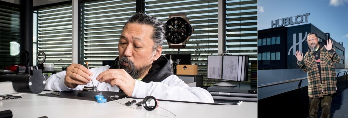 Künstler Takashi Murakami in einer Werkstatt und vor einem Hublotgebäude